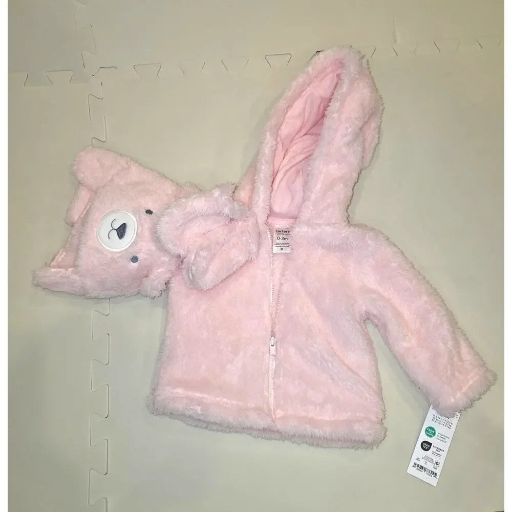 NWT Carters soft pink bear fleece zip up‎ jacket with hat and gloves sz 0-3mo